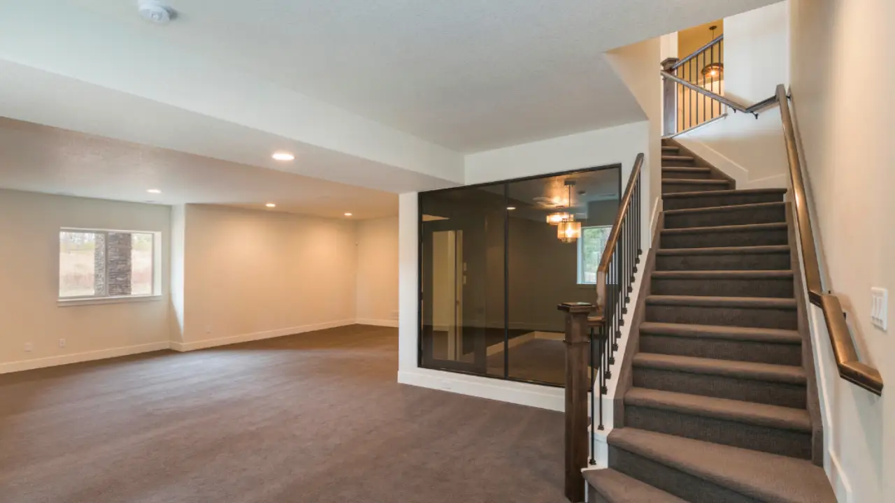 Open Basement Stairwell with Glue-Lam Beam - A beautifully renovated basement stairwell with an exposed glue-lam beam, creating a spacious and inviting atmosphere.