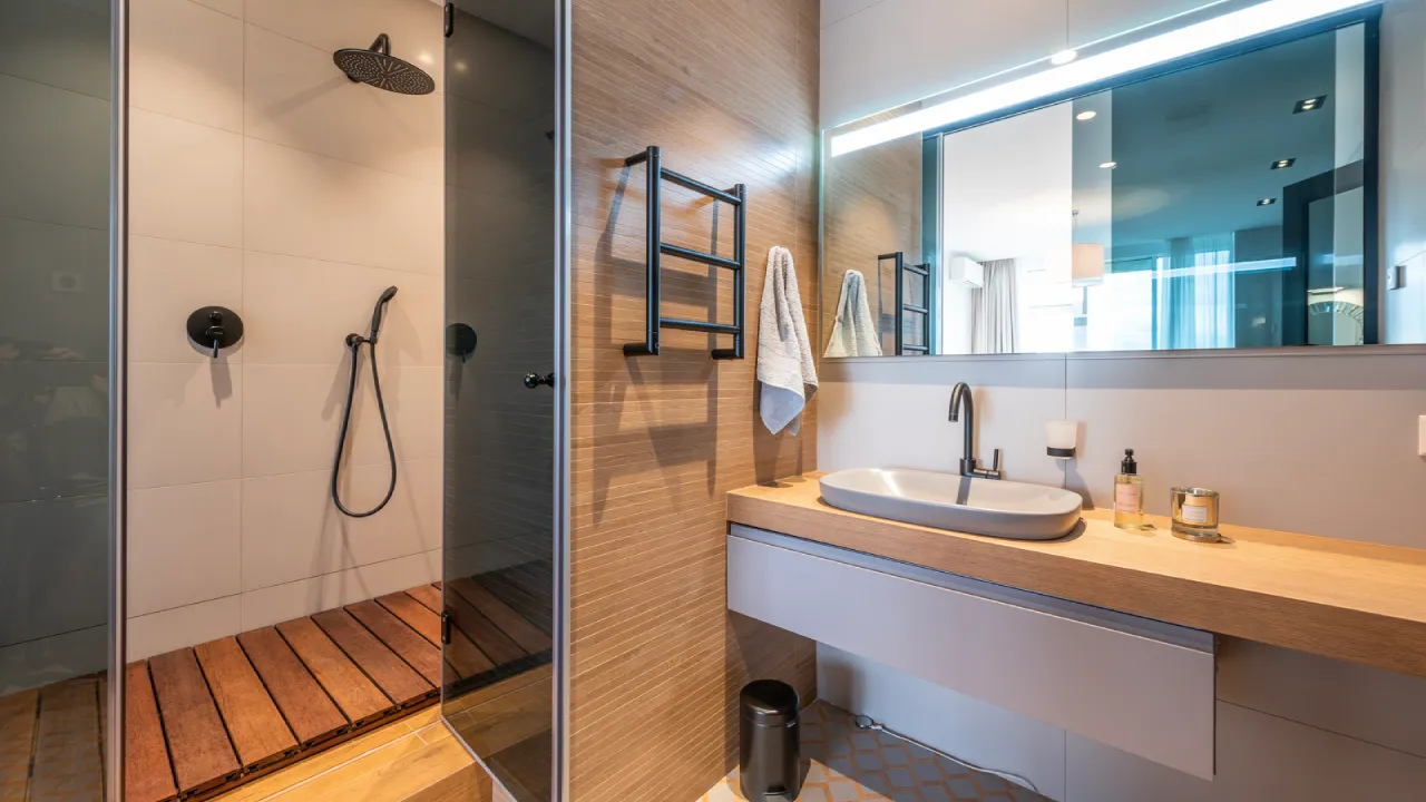 Contemporary bathroom with wooden details