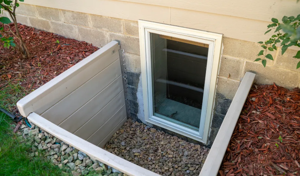 Exterior view of an egress window in a basement bedroom. These windows are required as part of the USA fire code for basement bedrooms