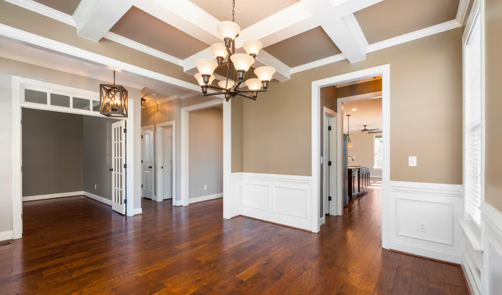 A Hallway with Hardwood Floor in the Basement