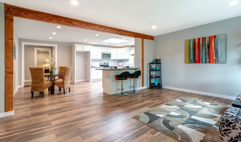 Finished basement: Open concept home interior with hardwood floor.