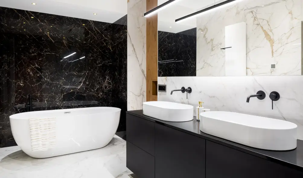 Luxury bathroom with marble tiles. marble vs. granite