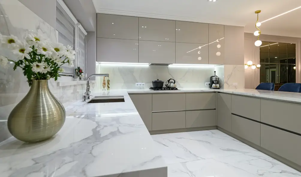 white modern marble kitchen furniture in studio space